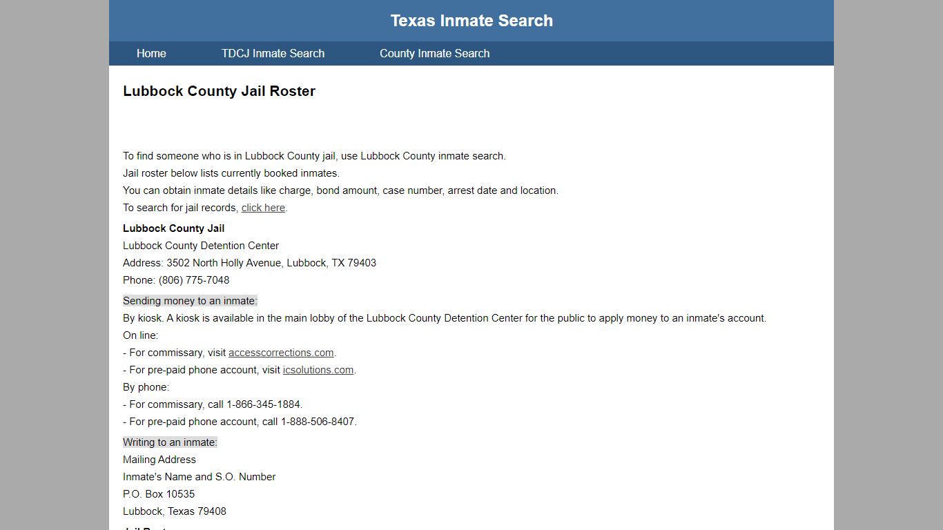 Lubbock County Jail Roster - Texas Inmate Search